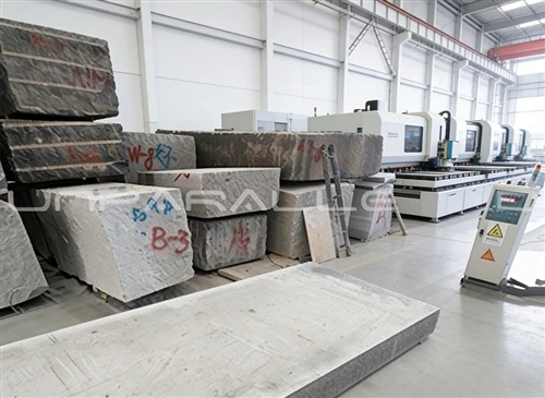 Raw high-density black granite blocks selected and numbered before precision machining