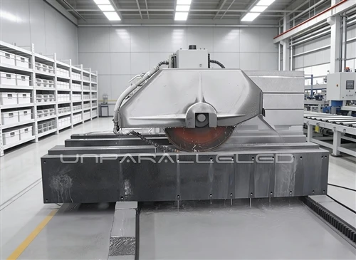 A large UNPARALLELED precision granite block being cut on a circular saw in a clean, controlled workshop