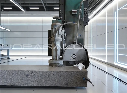 news-1-1 A large granite block being cut on a multi-blade saw with coolant at the UNPARALLELED workshop