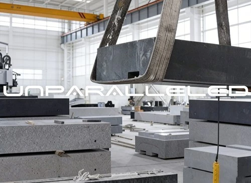 Natural granite blocks with precision-machined surfaces prepared for granite surface plate production